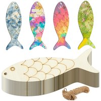 10pcs Wooden Fish Cutouts DIY Craft, Blank Wooden Signs Fish Shaped Wood Cutouts with Twine, Ideal for Doodle Coloring
