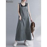 ZANZEA Women Sleeveless Maxi Dress Fashion Workwear Pockets Vestidos 2023 Summer Adjustable Shoulder Straps Dresses Streetwear