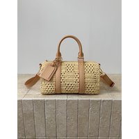 Handwoven Raffia Grass Bowling Bag Top Layer Cowhide Leather Shoulder Crossbody Bag for Women Elegant Chic Tote Handbag