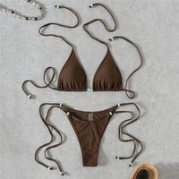 Brown Bead String Halter Triangle Bikinis-Sets Micro Thong Sexy Swimsuit Women 2026 Swimwear Bathing Suit Beachwear Bikini Mujer