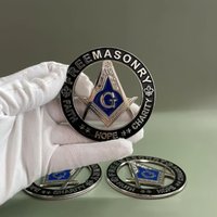 Universal Fit 3D Freemasonry Emblem 3" Metal Masonic Car Sticker Zinc Alloy Gold-Plated Black Round Blue "G" Symbol Faith Hope