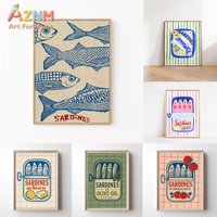 Pink Canned Sardines Canvas Print Sardine Fisherman Aesthetic Wall Art Poster for Modern Living Room Kitchen Home Decor Gifts