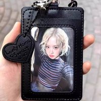 Black PU Leather Credit ID Card Holder Love Heart Pendant Display Photocard Holder Keychain Student Campus Card ID Card Holder