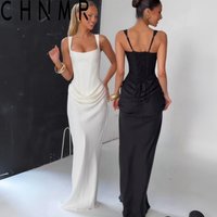 CHNMR Sexy rückenfreies, gerafftes Maxikleid für Damen, U-Ausschnitt, ärmellos, Bandage, figurbetont, schwarz, lange Kleider, Damen-Abendkleid