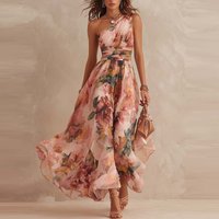 2026 Summer Elegant Women's Dress Sexy One-Shoulder Party Dress Fashion Sleeveless Printed High Waist Large Hem Skirt Maxi Dress