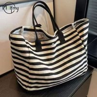 Casual Striped Canvas Bag for Women Large Capacity Shoulder Bag Daily Shopping Totes Student Bookbag for School Travel Beach Bag