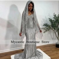 Sliver Prom Dresses 2026 Luxury Black Girls Beaded Diamond Head Covering African Evening Gowns Birthday Dress Customized