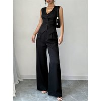 Women's Black Two Piece Set V-neck Sleeveless Slim Vest & High Waist Wide Leg Pants Suit Set Spring Summer Elegant Office Outfit