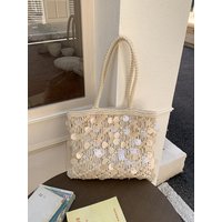 New Luxury Handmade Knitted Tote Bag, Large Capacity Beige Shoulder Bag with Circular Sequin Embellishments for Summer Vacation