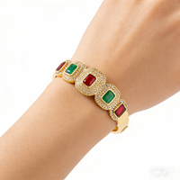 Luxury Gold Plated Bangle Bracelet with Red & Green Cubic Zirconia, Vintage Bridal Jewelry for Women, Dubai Style Wedding Party