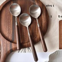 Wooden Handle Imitation Walnut Grain Large Soup Spoon, Stainless Steel Round Eating Utensils for Western Food Dining