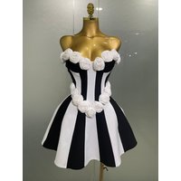 2025New Women Flower Decoration Strapless Black White Stripe Bandage Short Dress Cocktail Party Elegant Evening Club Party Dress
