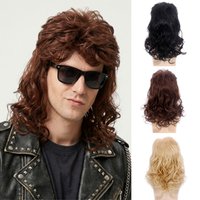 REEWES Medium Curly Mullet Wig Synthetic Hair Rock Roll Disco Brown Black Blonde Halloween Party Costume Wig
