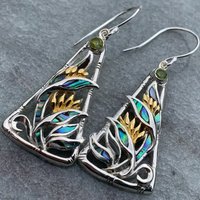 Ethnic Style Colorful Carved Pattern Pendant Earrings Women's Personalized Vintage Trendy Silver Plated Earrings Trend Jewelry