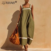 Vintage Stripe Trim Contrast Sleeveless Dress Womens Square Neck Backless Loose Long Dress Casual Bohemian Daily Holiday Dresses