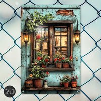 2D Flat - 1pc Vintage Window Flower Metal Tin Sign, Iron Farmhouse Wall Art Decor, 8x12 Inch, Rustic Home Cafe Decoration