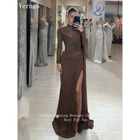 Verngo Brown Chiffon Evening Dress High Neck Full Sleeves Mermaid Prom Gowns Sexy Side Slit Arabia Party Dress Customized