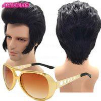 High Quality Mens Rock Singers Aron Presley Cosplay Wig Party Presley Black Synthetic Hair Wigs+ Wig Cap