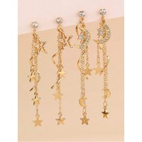 1/2 Pair Elegant Star & Moon Tassel Gold Color Earrings For Women, Suitable For Daily, Date, Party