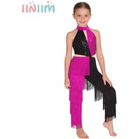 Kids Girls Halloween Carnival Latin Dance 70s Disco Party Performance Costume Shiny Sequin Tassel Jazz Cha-cha Tango Jumpsuit