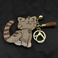 Cute Kitty Pet Bag Pendant For Women Men Full Shine Crystal Brown Tassel Kawaii Animal Cat Theme Keychain Jewelry Accessory