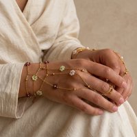Minimalist Crystal Flower PVD Plated Stainless Steel Ring Bracelet for Women Dainty Floral Waterproof Finger Chain Party Jewelry