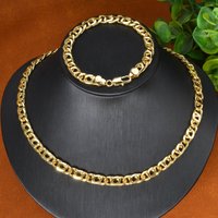 Gold Flat Link Chain Jewelry Set Smooth Polished Metal Necklacs Bracelet Stylish Hip Hop Accessories For Men Women Daily Outfit