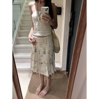 Retro Illustration Floral A-Line Skirt Women's Summer Low Waist Slimming Versatile Half-length Midi Skirt