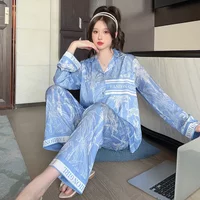 Autumn Women's Pajamas Set Thin Ice Silk Long Sleeve Sleepwear Home Loose Pyjamas Pants 2 Piece Set Button Lounge Nightwear
