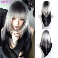 MEISU 24 Inch Straight Bangs Wig Black White Synthetic Fiber Layered Hair Heat-Resistant Natural Smooth Extend Hair Selfie Party