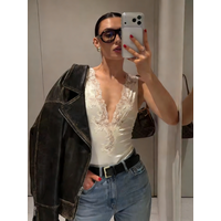2026 New Lace Patchwork Satin Slim Jumpsuit Women Sexy V-neck Sleeveless Bodysuit Female Elegant Texture Summer Tops