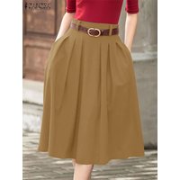 ZANZEA Summer Solid Midi Skirt Elegant Women High Waist Work OL Skirts Fashion A-line Jupes Stylish Party Faldas Saia Plus Size