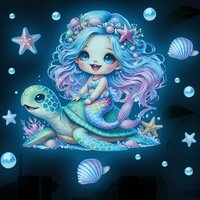 Cartoon Sea Turtle Mermaid Wall Stickers for Kids Room Decor Background Girls Bedroom Home Decoration Glow In The Dark