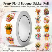 1Roll(500Pcs) Potted Flowers Stickers 2.5cm/1.0'' 10 Designs Decals Diy Adorn Gifts Packaging Home Decoration Sealing Labels