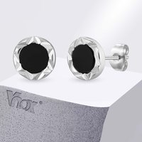 Vnox Black Onyx Round Stud Earrings for Men, Edge-Cut Textured Piercing Earrings, 8.6mm Hip Hop Small Ear Studs Jewelry Gifts
