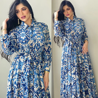 Elegant Dress Dubai Muslim Women Print Blue Hijab Dresses Turkey Islamic Clothing Caftan Marocain Vestido Musulmane
