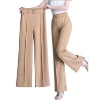 Women's Wide Leg Suit Pants - Metal Buckle Decor Elastic Waist Straight Blazer Trousers for Office Work & Business Casual