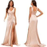 Sexy Mermaid Slit Pleat V Neck Evening Bridesmaid Dresses Wedding Party Formal Prom Birthday Floor Length Sweep Train Corset