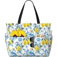 Summer Tropical Lemon Waterproof Beach Bags for Women Utility Zipper Tote Bag Lightweight Sandproof Swim Pool Bags Large Totes