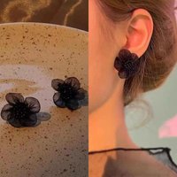 Dreamy Black Yarn Fabric Beaded Flower Stud Earrings Women Temperament Earrings Jewelry Daily Party Wearing