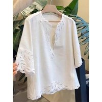 French Elegant White Linen Eyelet Lace Blouse Shorts Set Women V Neck Embroidered Hollow Out Tops And Elastic Waist Short Pants