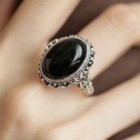 Vintage Hollow Heart Lines Flower Ring Women Jewelry Adjustable Ethnic Style Jade Black Oval Ring Female Finger Accessories