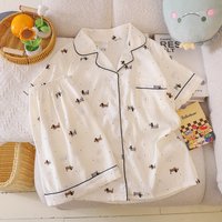 Pajama for Women Short Sleeves with High Luxury Feel Suitable for Outerwear Home Clothing Set Nightwear Homewear Small Dog Print