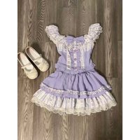 Purple Lolita 2 Piece Set Sweet Ruffle Lace Puff Sleeve Top + Cake Skirts New Japanese Fashion Kawaii Vintage Summer Outfit 2025