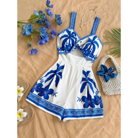Women's vacation palm tree print hollow waist jumpsuit women's summer set floral jumpsuit vacation casual set women's summer clo