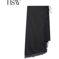 BSAY Lace Satin Asymmetry Skirt Women Fashion Autumn Winter side zip black Chic Female High Waist Elegant Long Midi Skirts Mujer