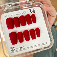 10PCS Velvet Red Press on Nails Handmade Short Acrylic False Nails Luxury Reusable Design Tips Fake Nail Christmas Decoration