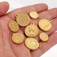 5pcs Stainless Steel Gold-plated Round Coin Charms Waterproof DIY Necklace Earring Bracelet Jewelry Making Accessories Wholesale