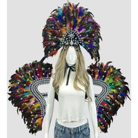 This popular feather headdress and wings set is perfect for carnivals, Halloween,festivals,masquerade balls, and party costumes.