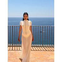 Elegant White Sheer Knitted Maxi Dress Women Fashion High Neck Slim Hollow Out Short Sleeve Gown Summer Vacation Beach Outfit